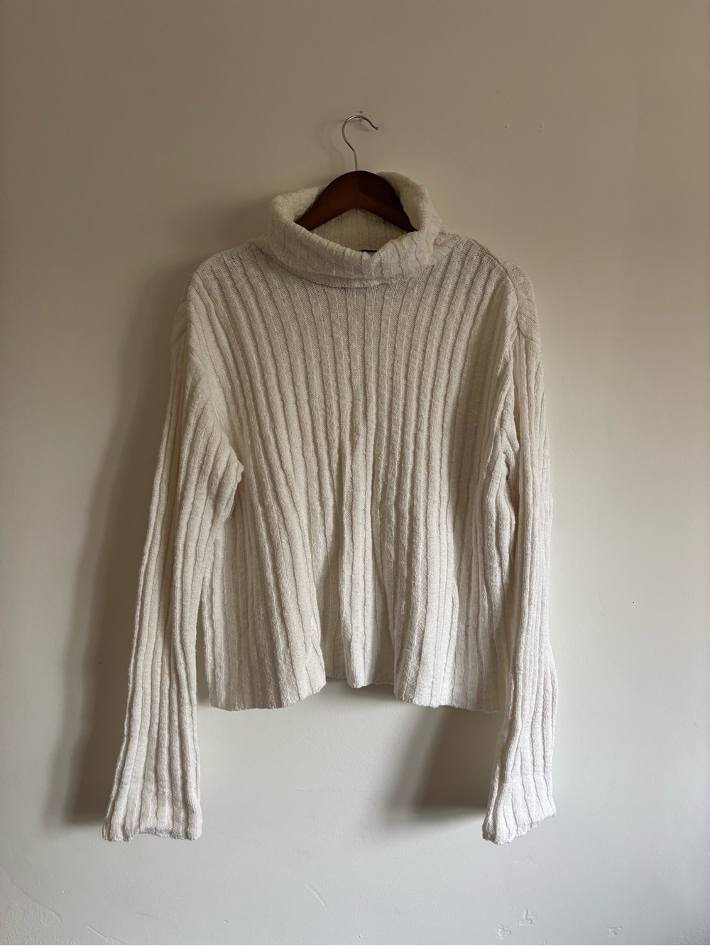 Cream Ribbed Cowl Neck Sweater for Women